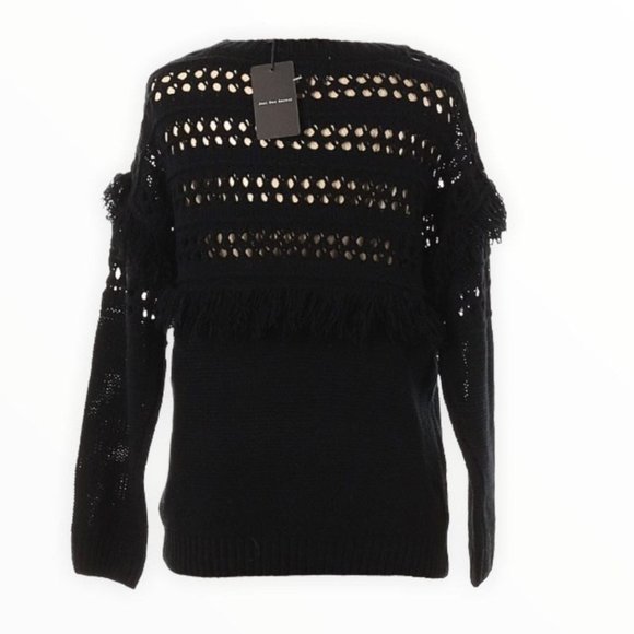 J.O.A. Sweater‎ Womens Medium Black Fringe Open Knit Long Sleeve Crew Neck Party - Picture 2 of 6